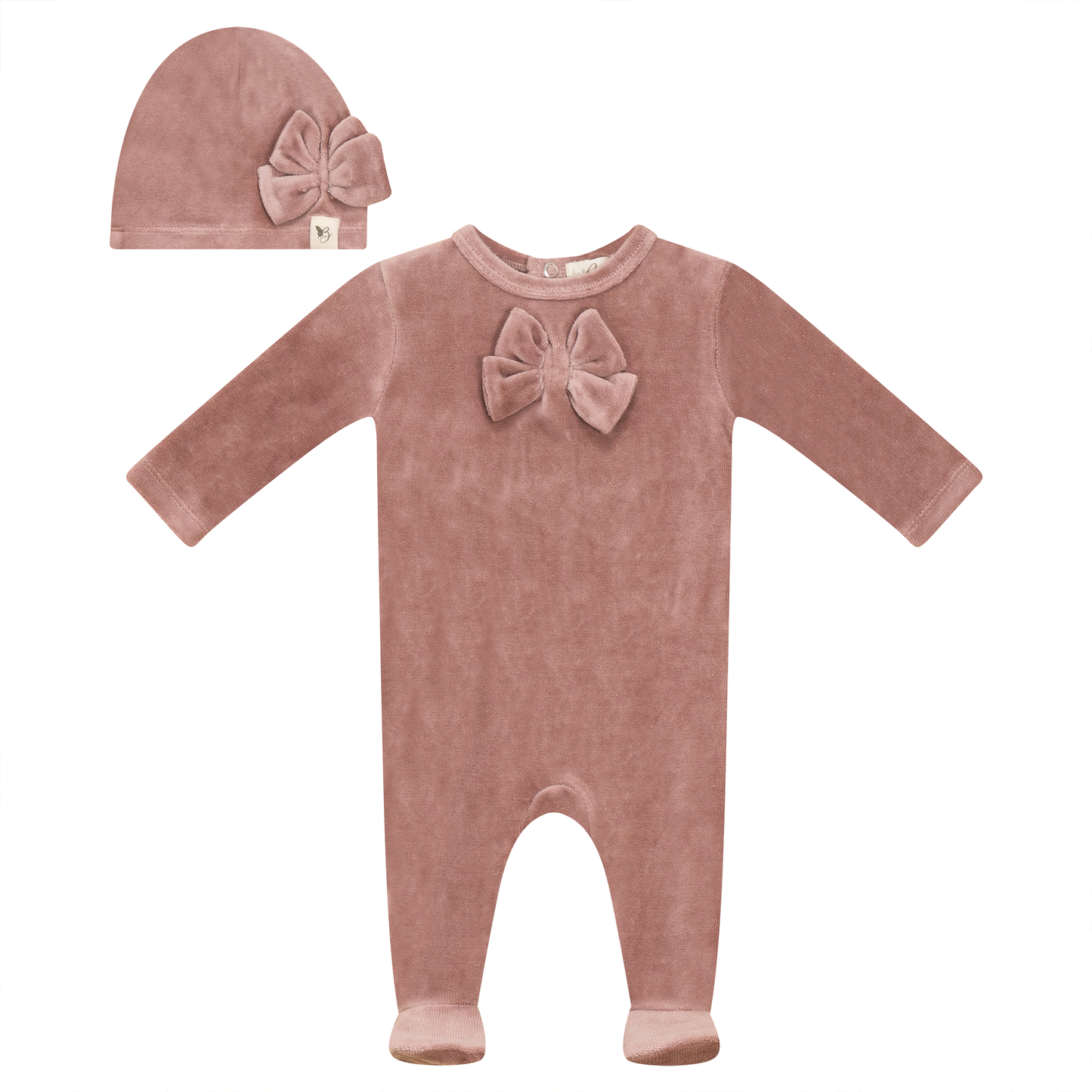 Bow Stitch Velour Onesie with Hat Rose