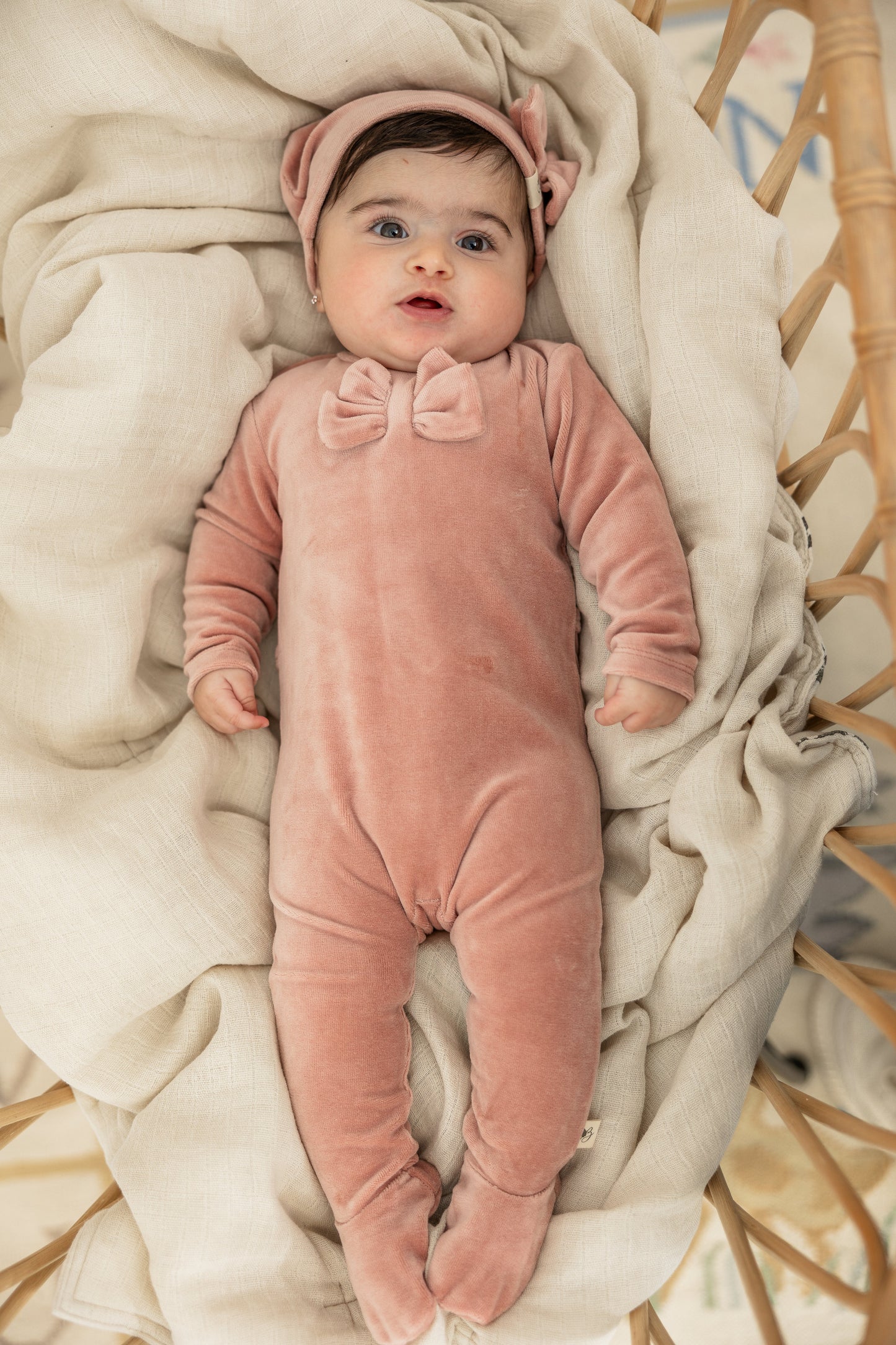 Bow Stitch Velour Onesie with Hat