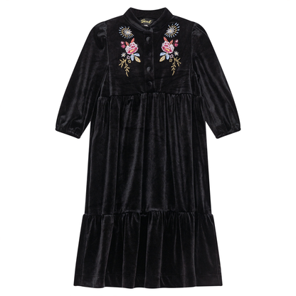 Floral Embroidered Velour Maxi Dress Black