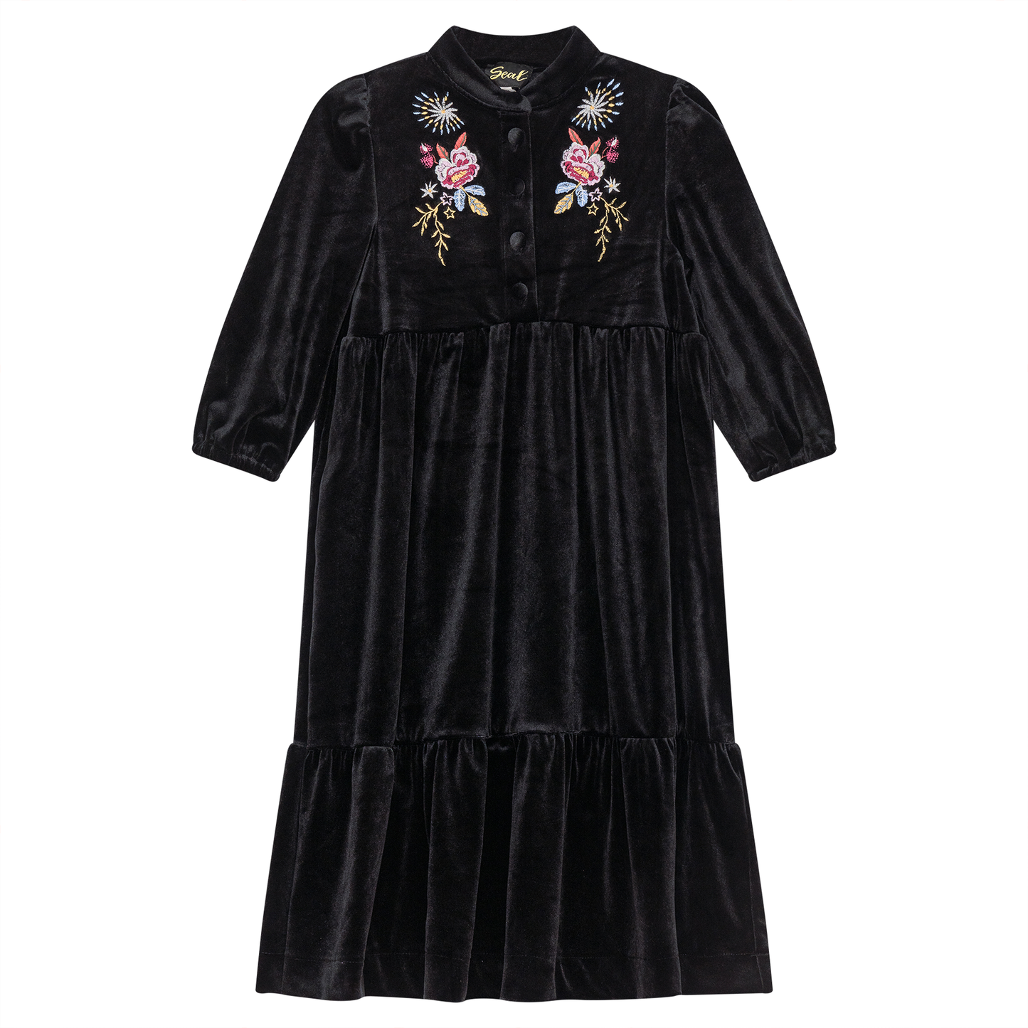 Floral Embroidered Velour Maxi Dress Black