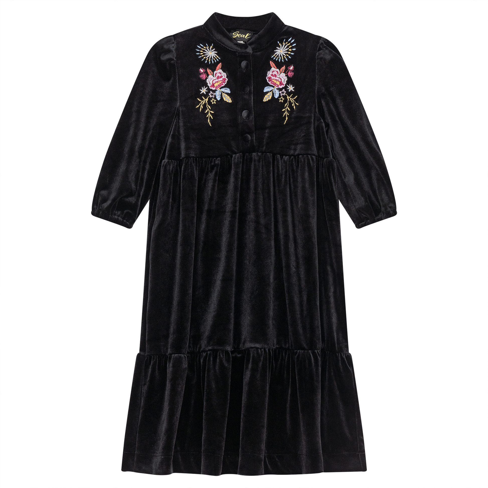 Floral Embroidered Velour Maxi Dress Black