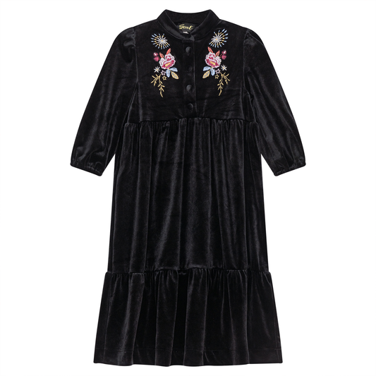 Floral Embroidered Velour Maxi Dress Black