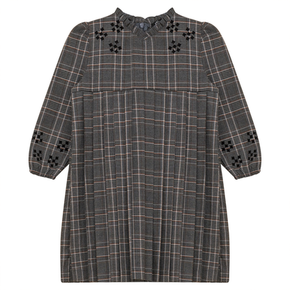 Woven Plaid Pleated Dress Grey