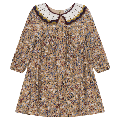 Floral Dress with Crochet Collar Gold