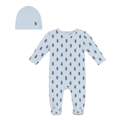 Bear Print Onesie with Hat Baby Blue