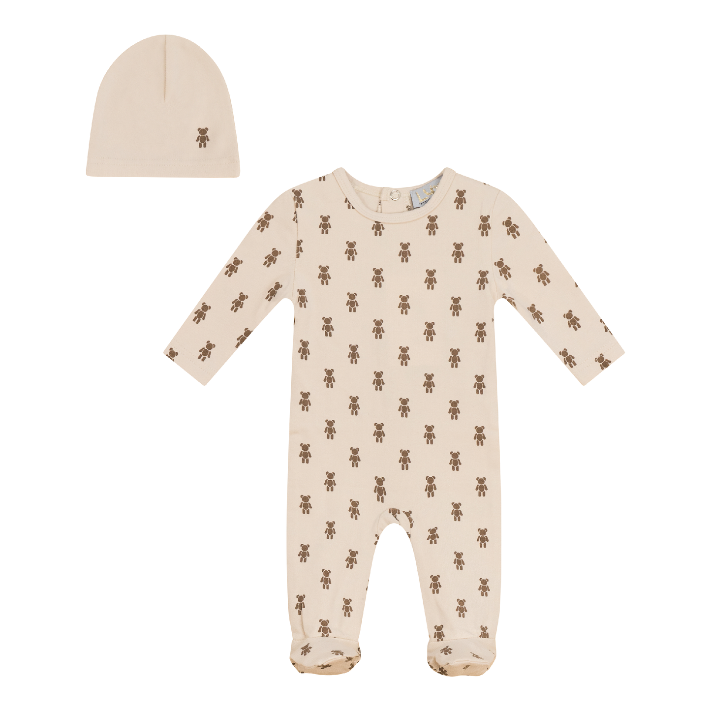 Bear Print Onesie with Hat Dark Almond