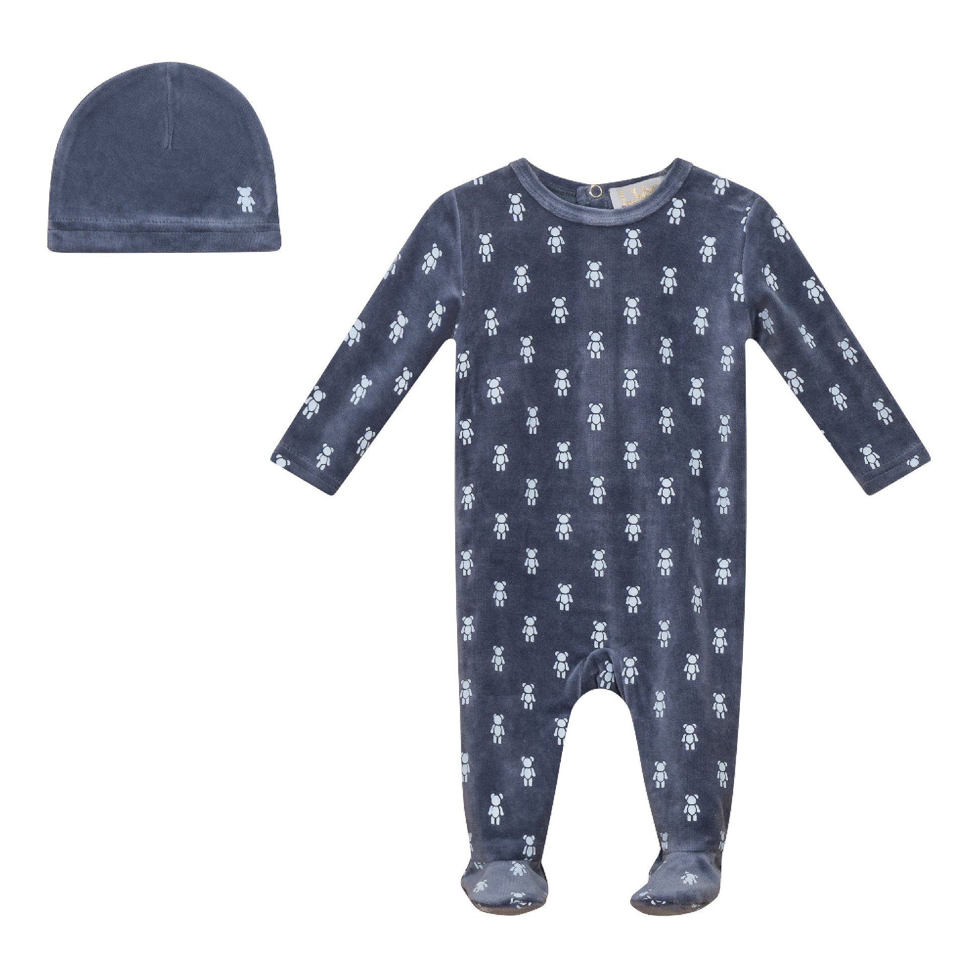 Bear Print Velour Onesie and Hat Dark Blue Grey
