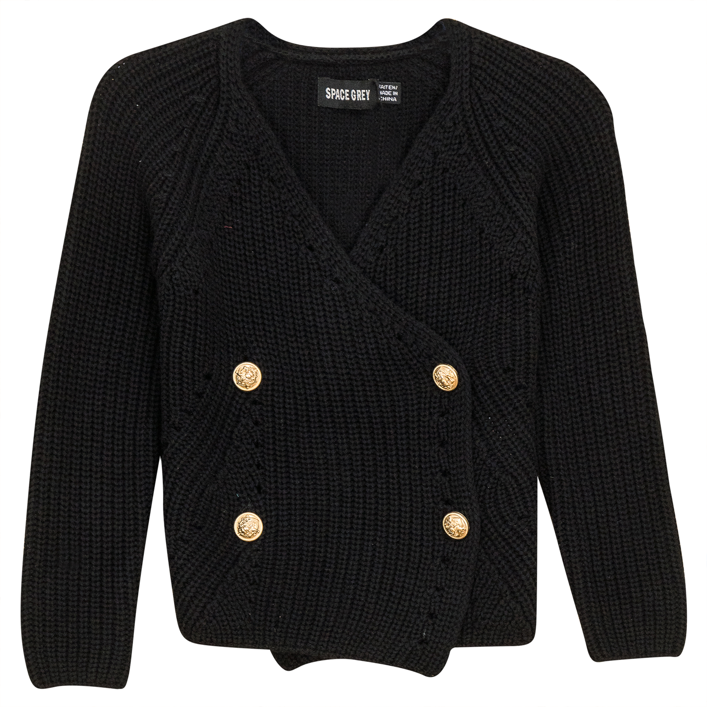 Pointelle Knit Double Breasted Cardigan Black