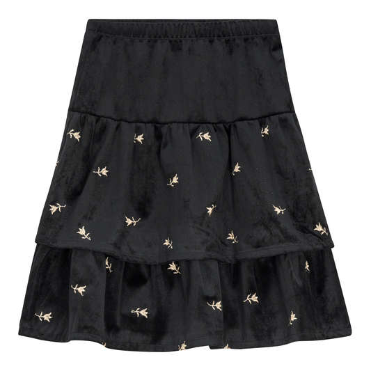 Embroidered Velvet Layered Skirt Black