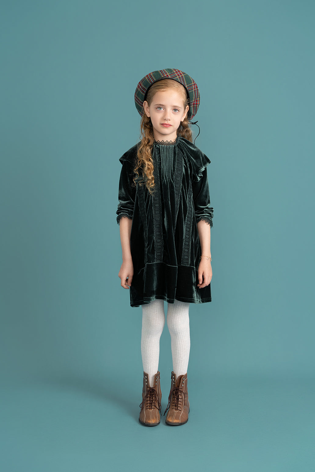 Crushed Velour Dress with Lace Trim