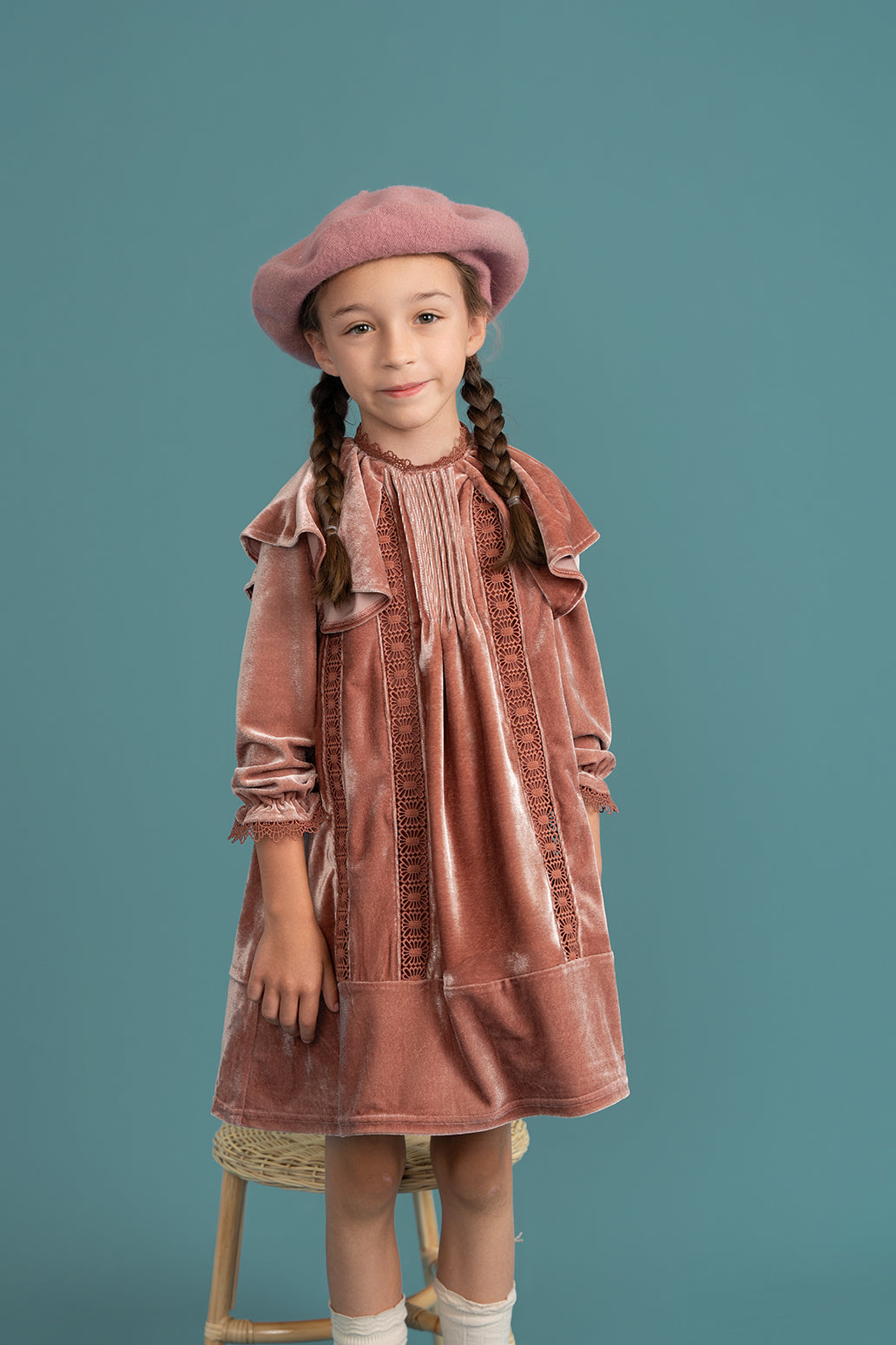 Crushed Velour Dress with Lace Trim