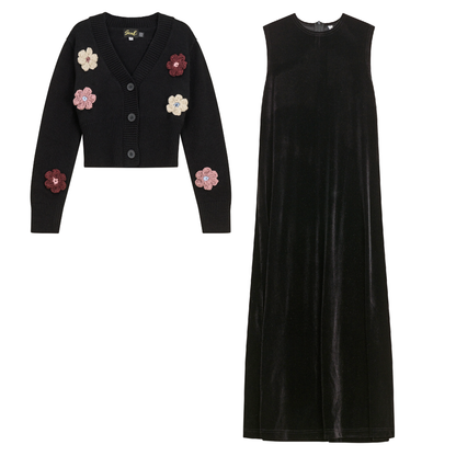 Crotchet Knit Velour Set Black