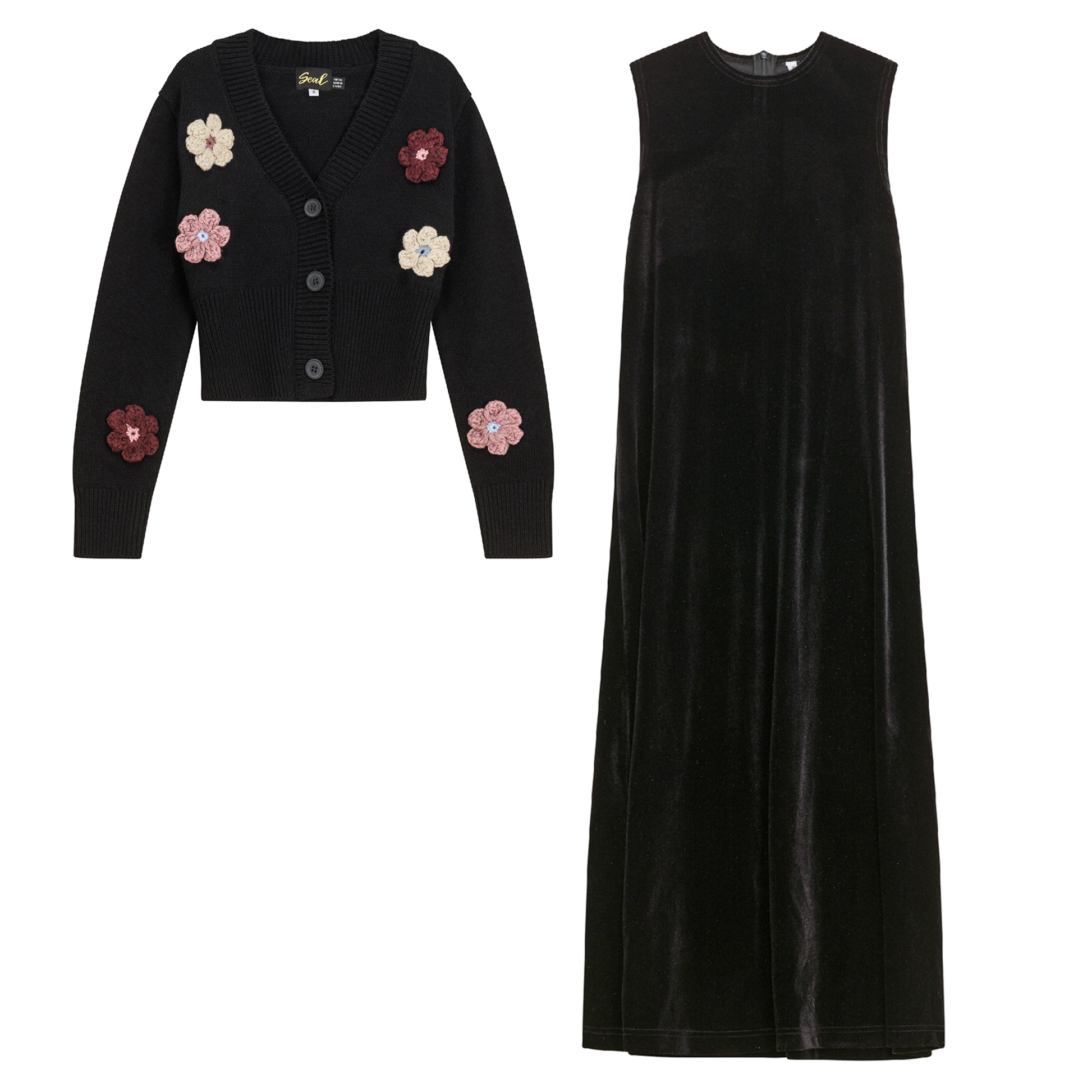 Crotchet Knit Velour Set Black