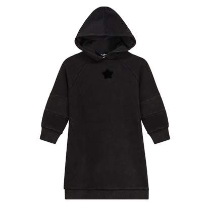 Distressed French Fleece Hooded Dress Black Wash