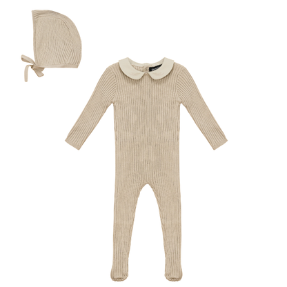 Ruffle Collar Knitted Onesie and Bonnet Dark Almond