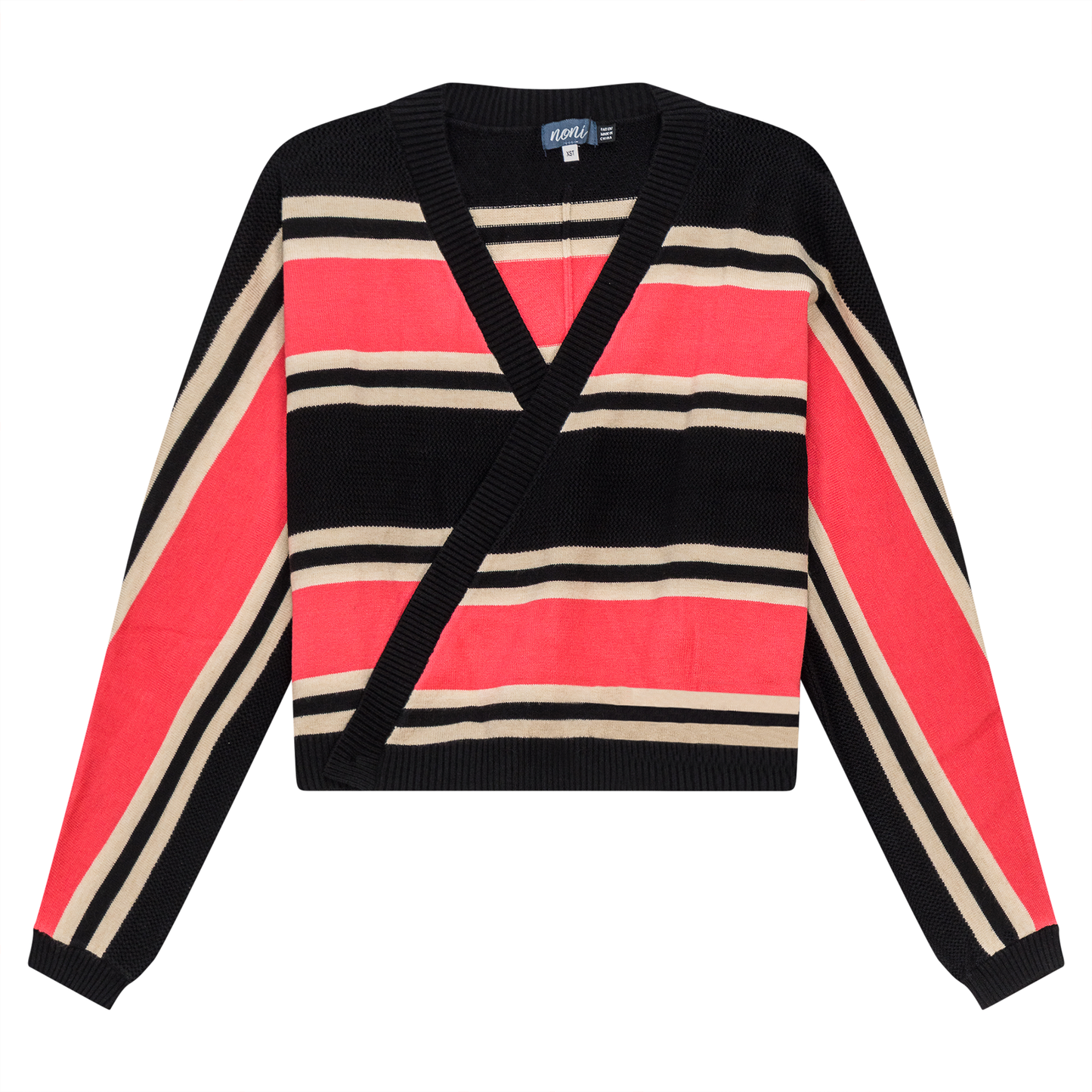 Pointelle Stripped Wrap Cardigan Black Coral