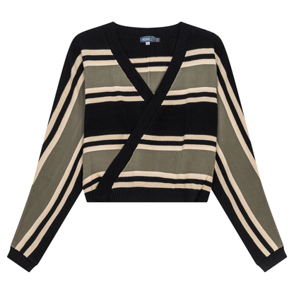 Pointelle Stripped Wrap Cardigan Black Dusty Olive