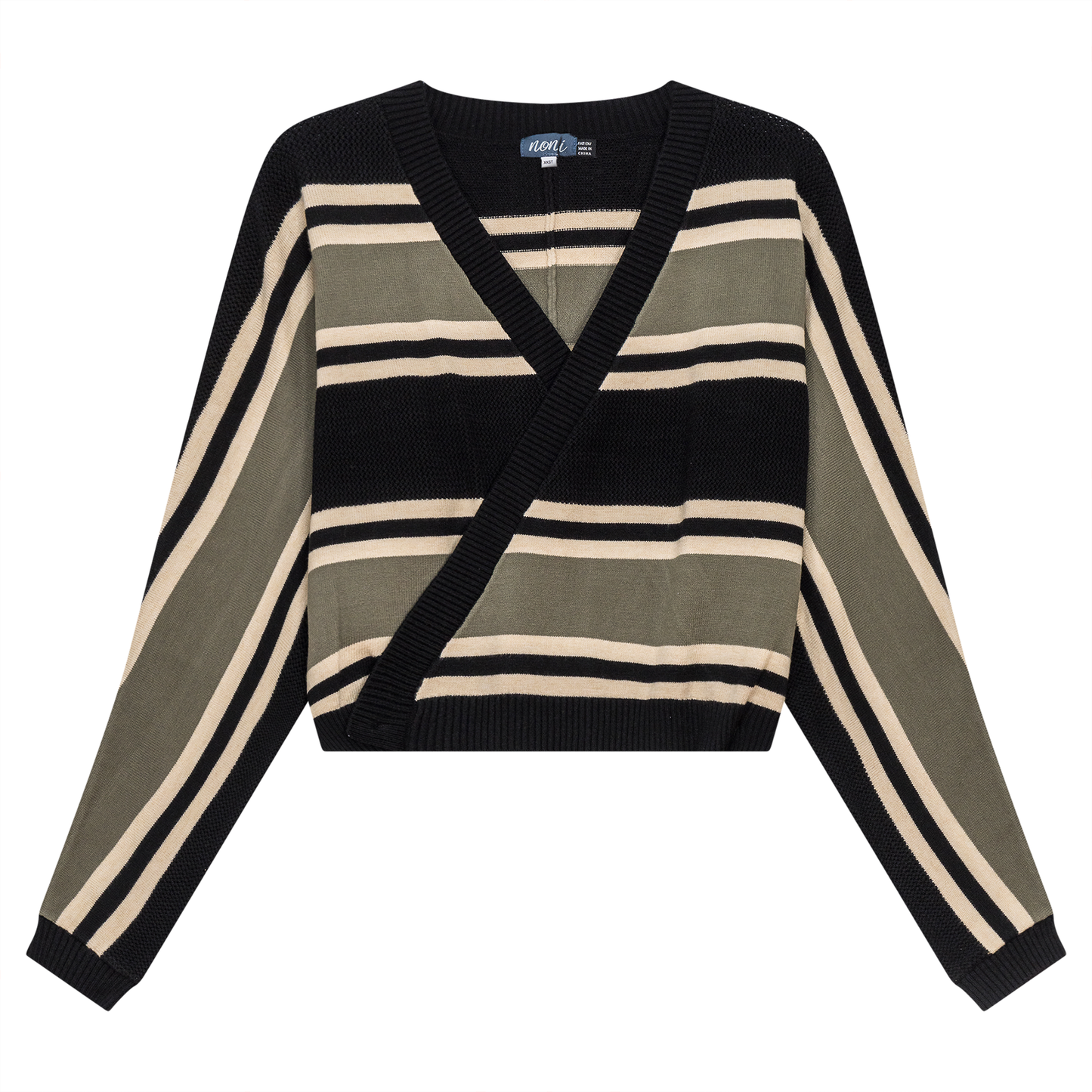 Pointelle Stripped Wrap Cardigan Black Dusty Olive