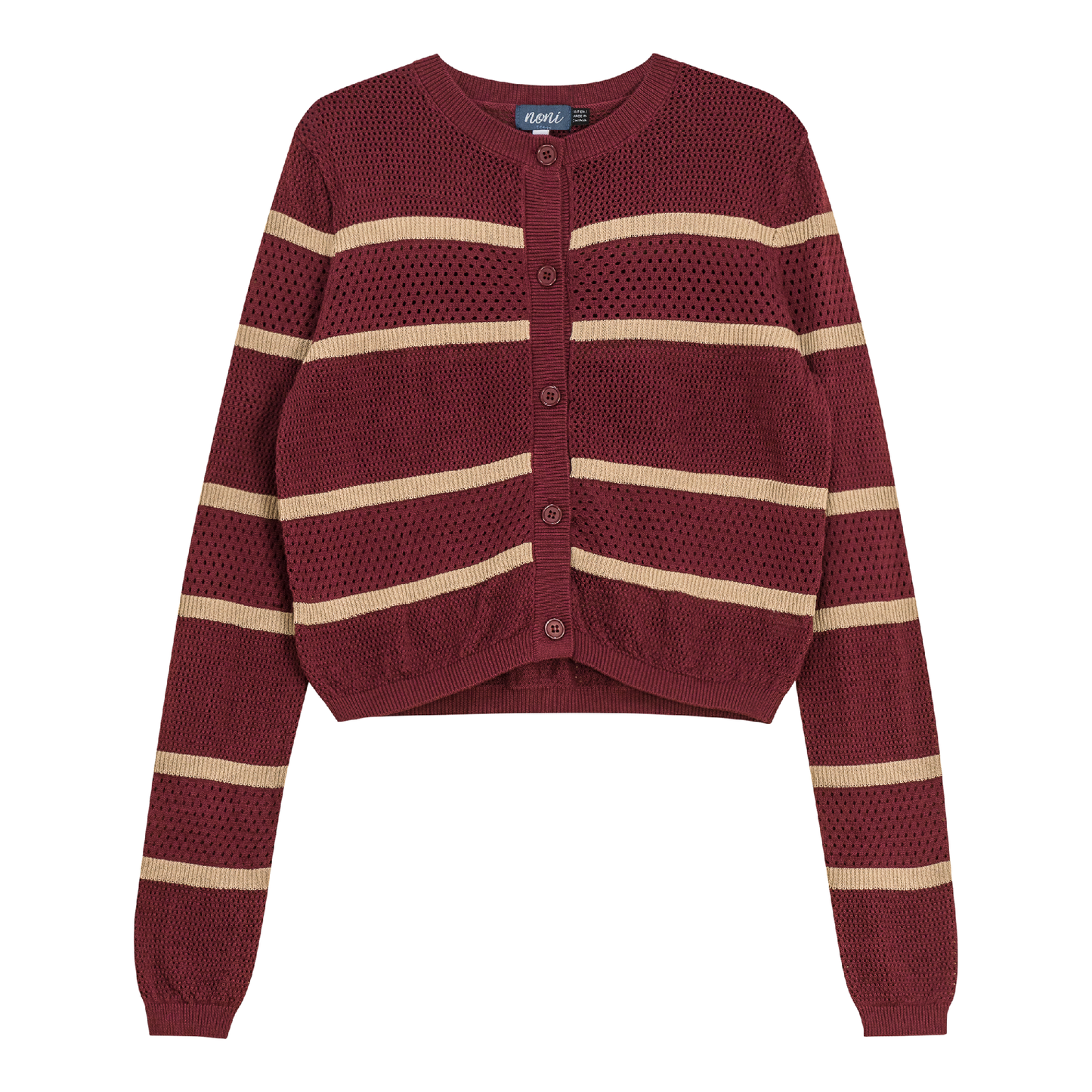 Pointelle 2 Tone Cardigan Beige Burgandy