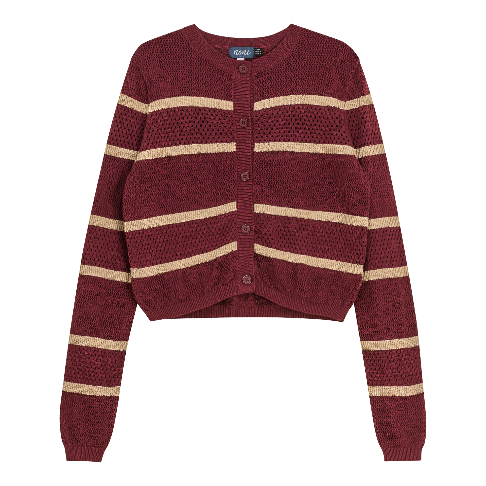 Pointelle 2 Tone Cardigan Beige Burgandy