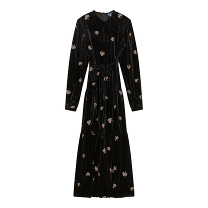 Embroidered Velour Dress Black