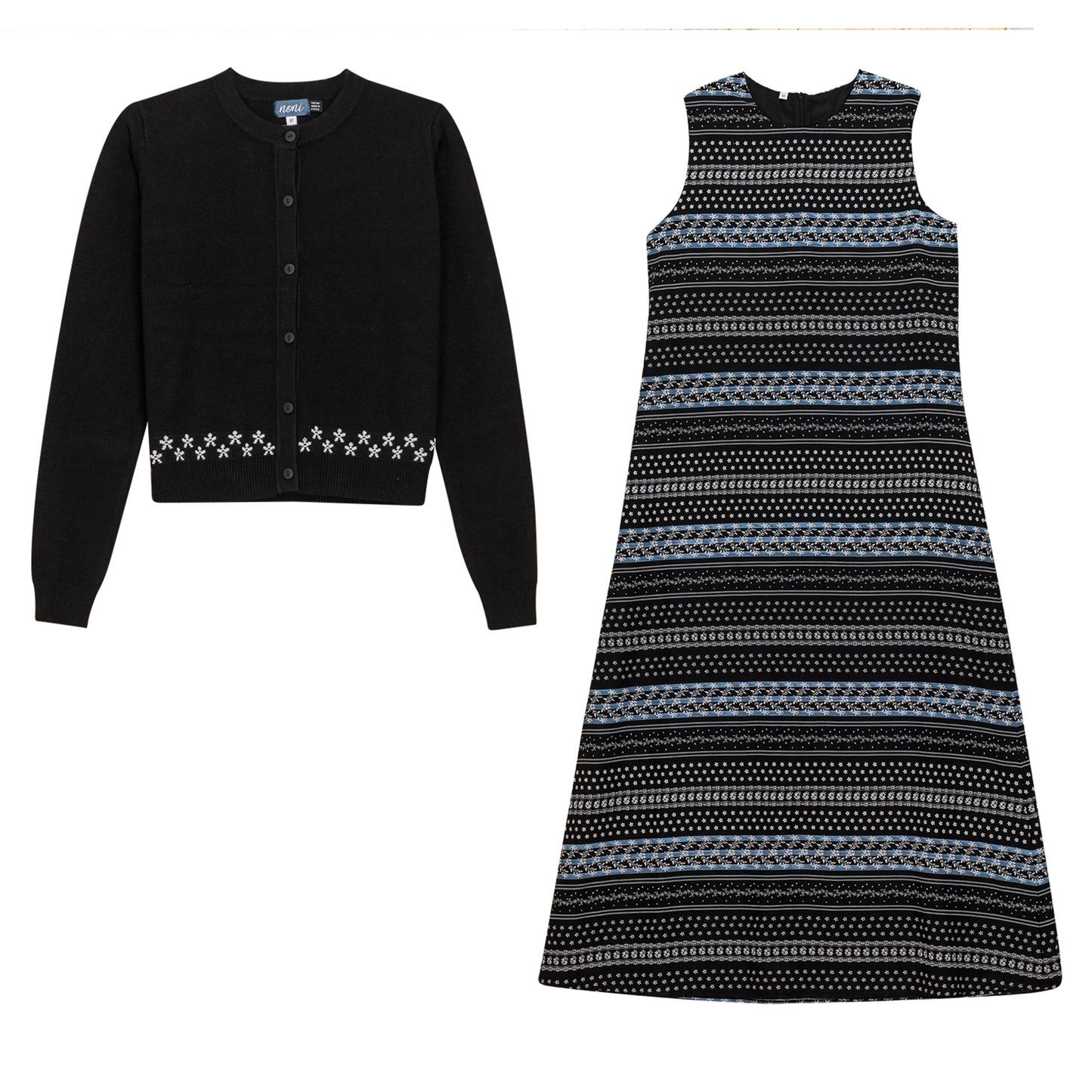 Striped Floral Print 2Pc Set Black