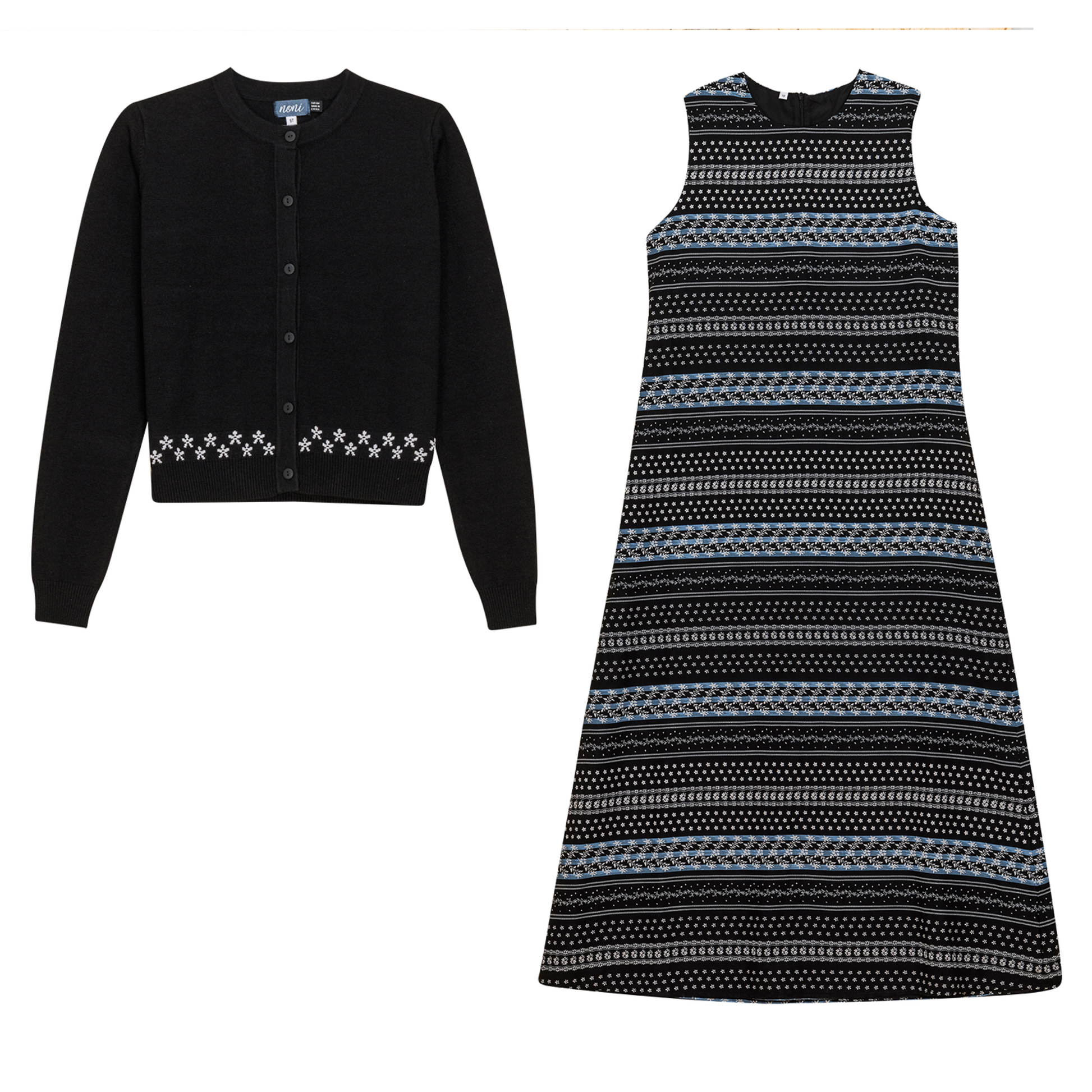 Striped Floral Print 2Pc Set Black