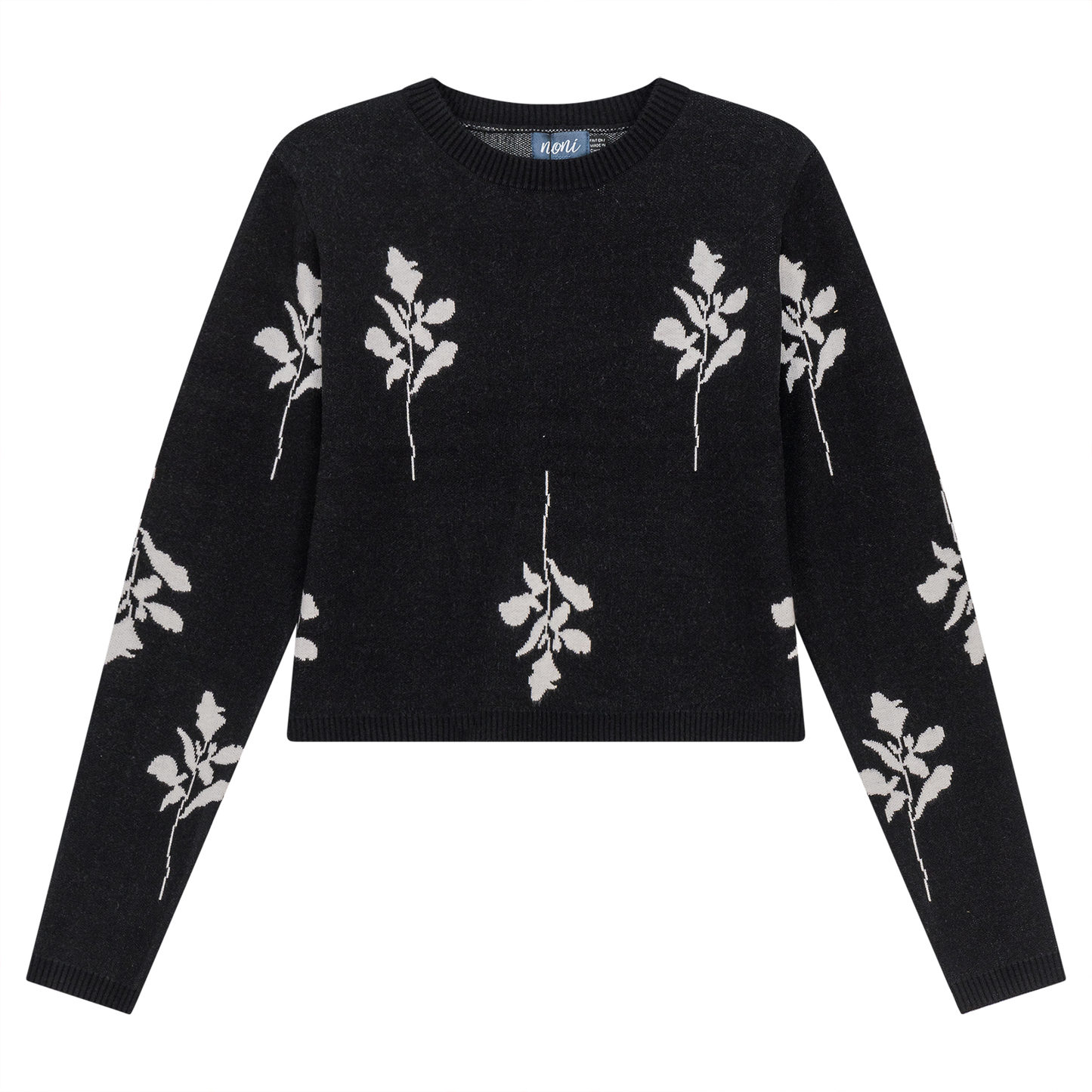 Leaves Print Crop Knit Sweater Black
