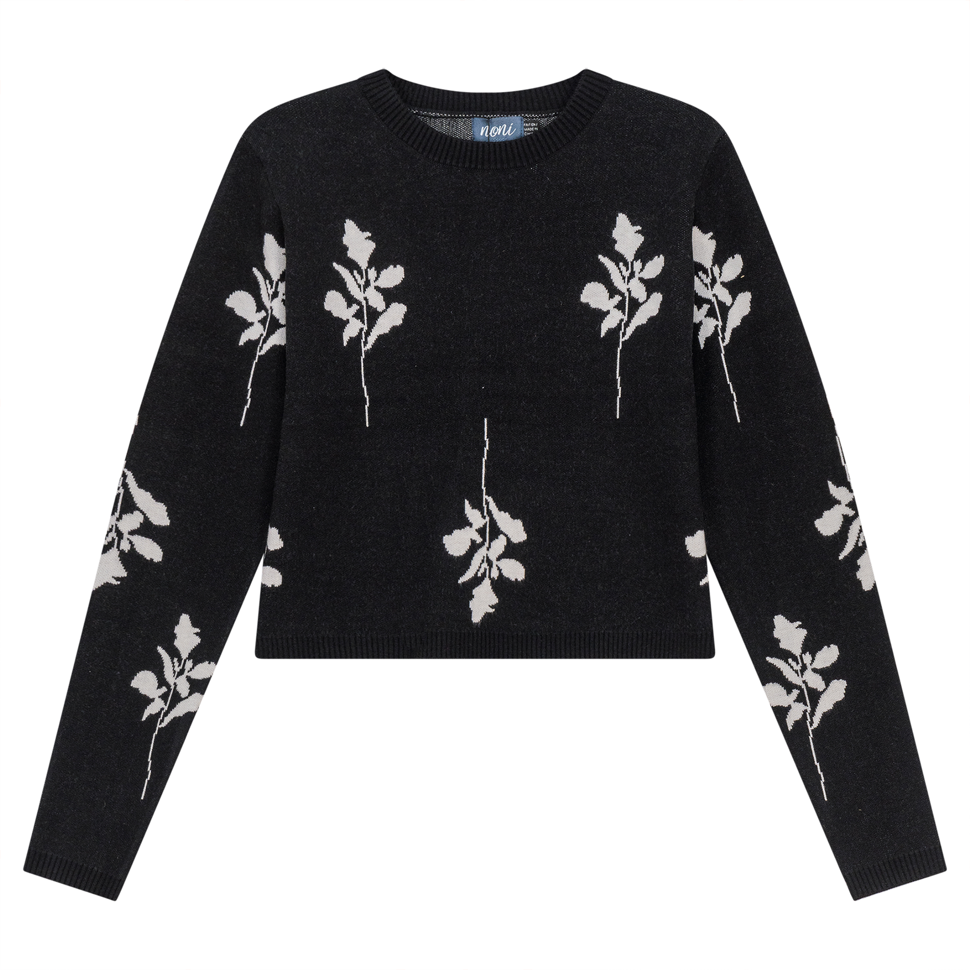 Leaves Print Crop Knit Sweater Black