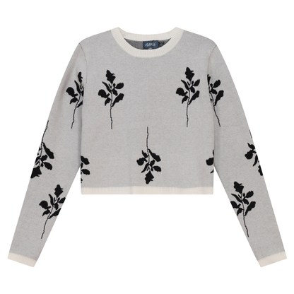 Leaves Print Crop Knit Sweater Off White
