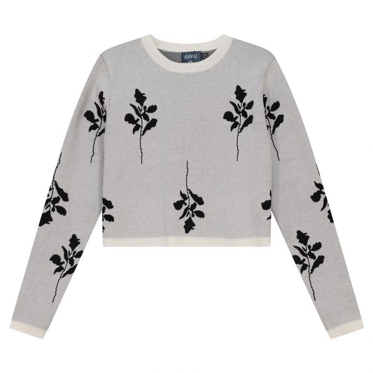 Leaves Print Crop Knit Sweater Off White