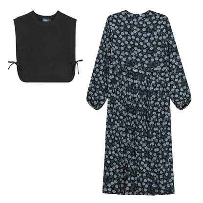 Midi Printed Dress with Knitted Vest Navy