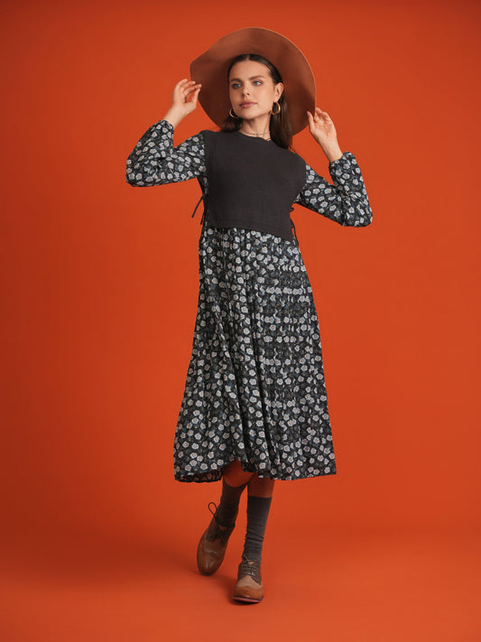 Midi Printed Dress with Knitted Vest