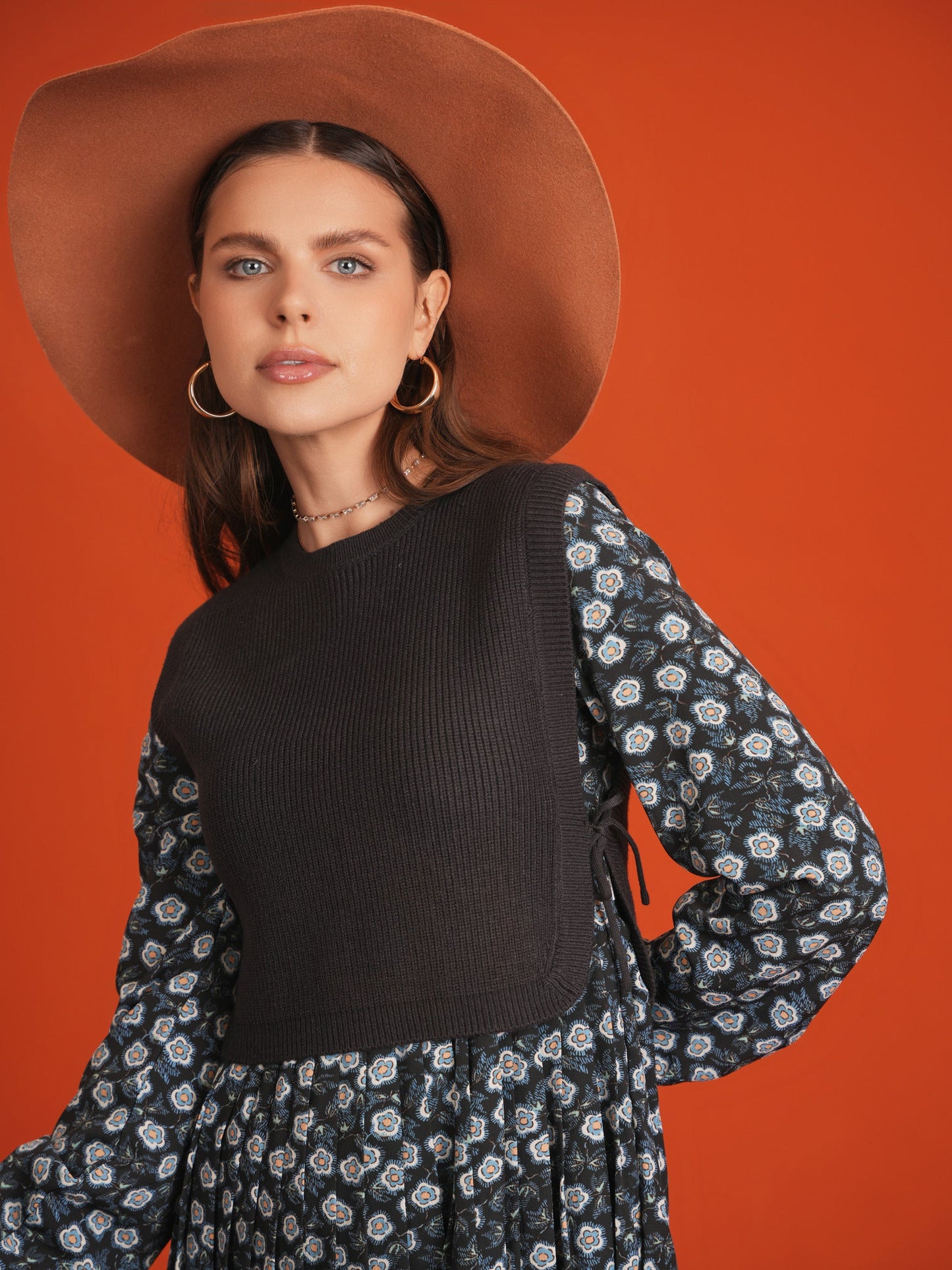 Midi Printed Dress with Knitted Vest