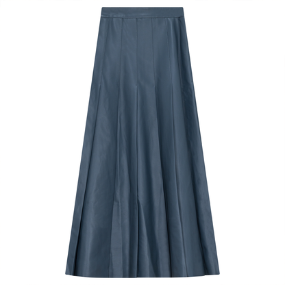 Leather Pleated Midi Skirt Blue