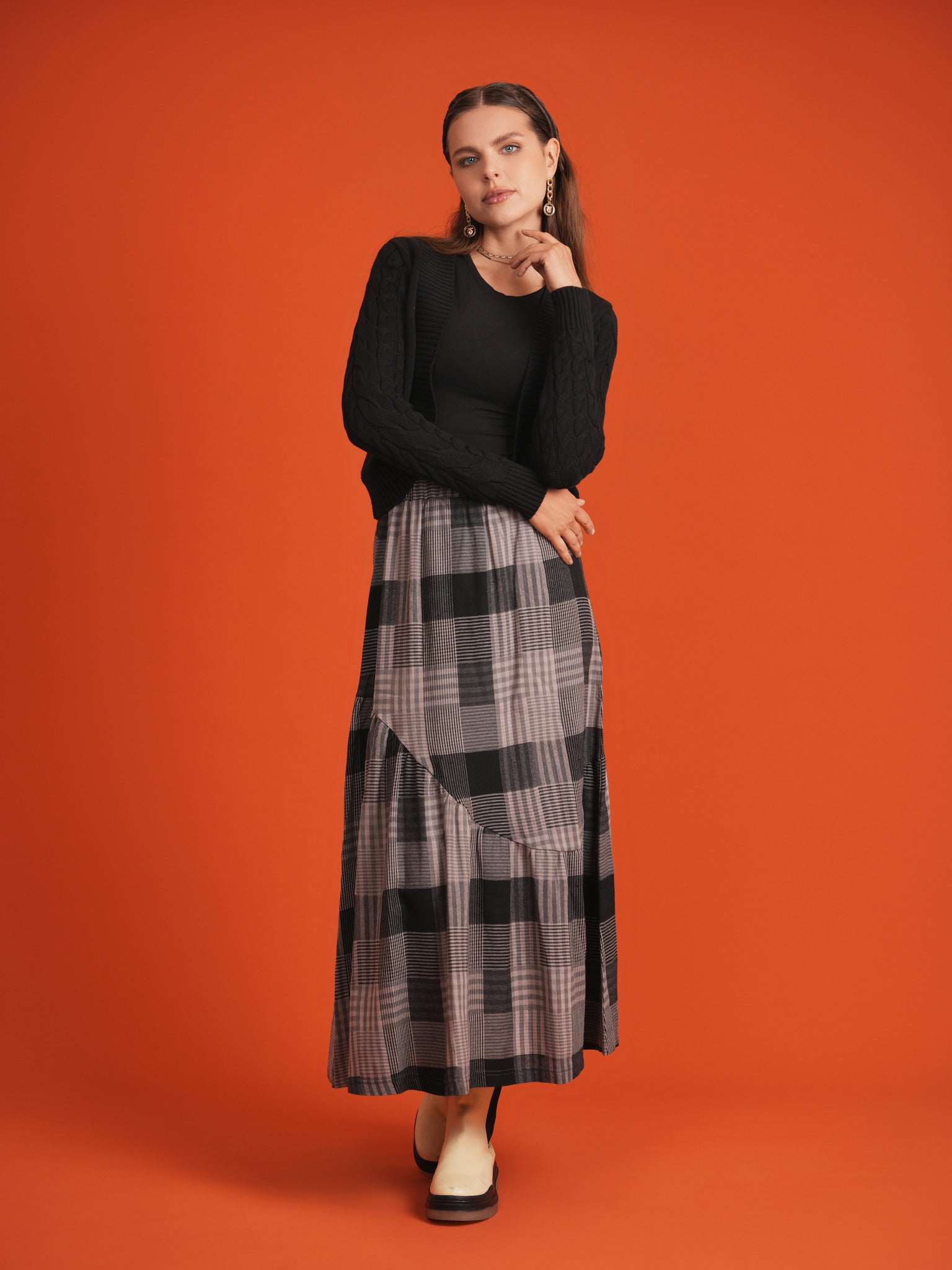 Woven Plaid Midi Skirt