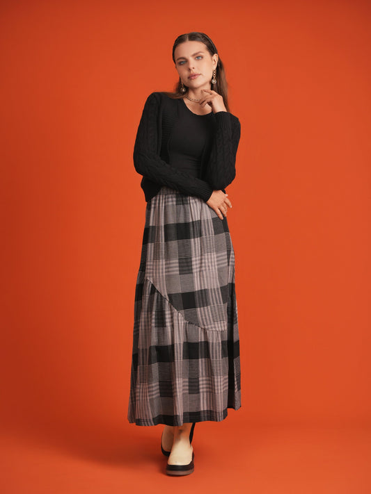 Woven Plaid Midi Skirt