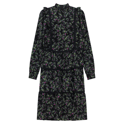 Floral Print Lace Trim Dress Black