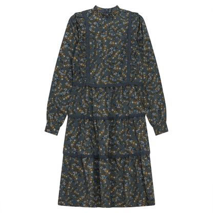 Floral Print Lace Trim Dress Blue