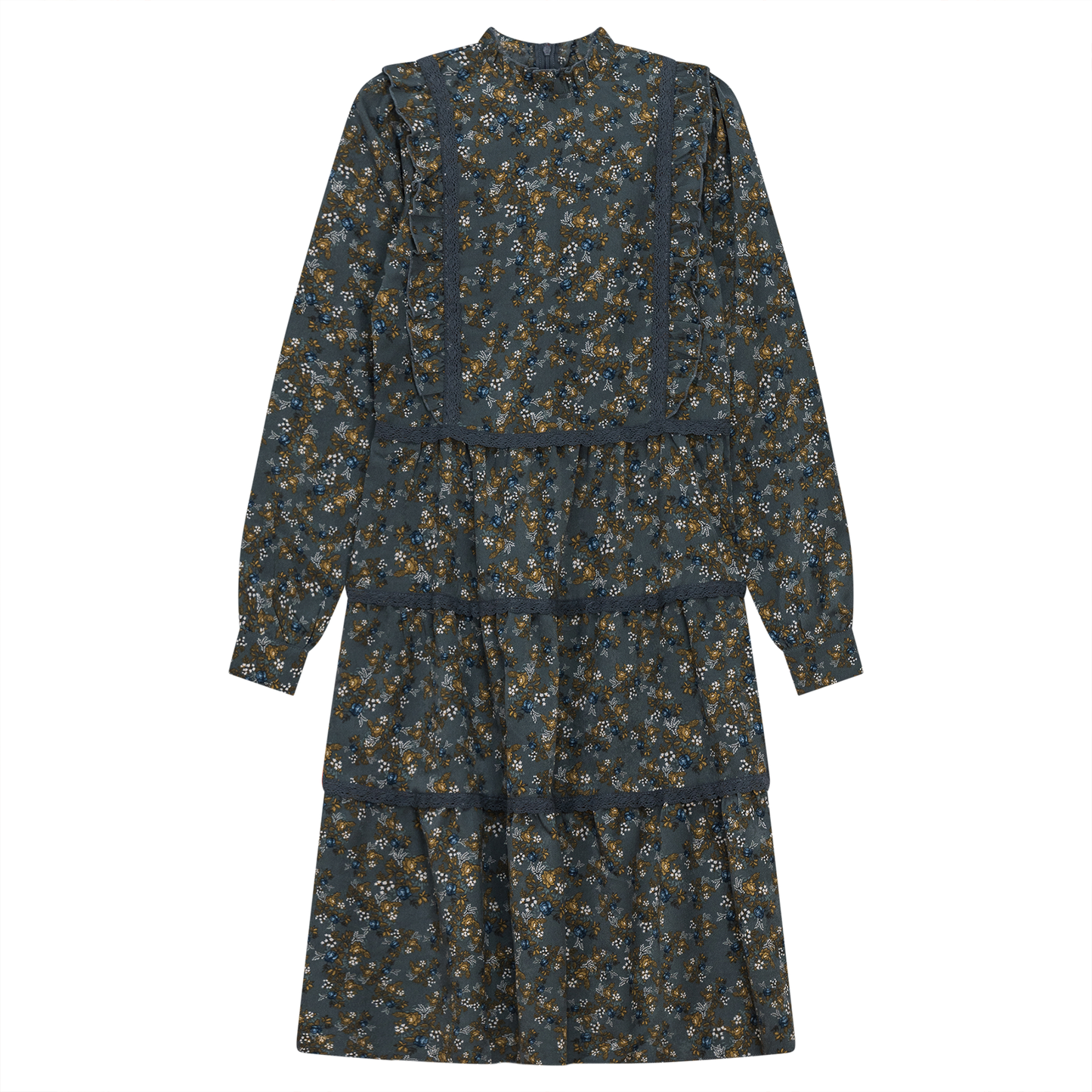 Floral Print Lace Trim Dress Blue