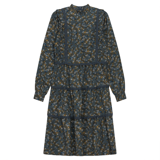 Floral Print Lace Trim Dress Blue