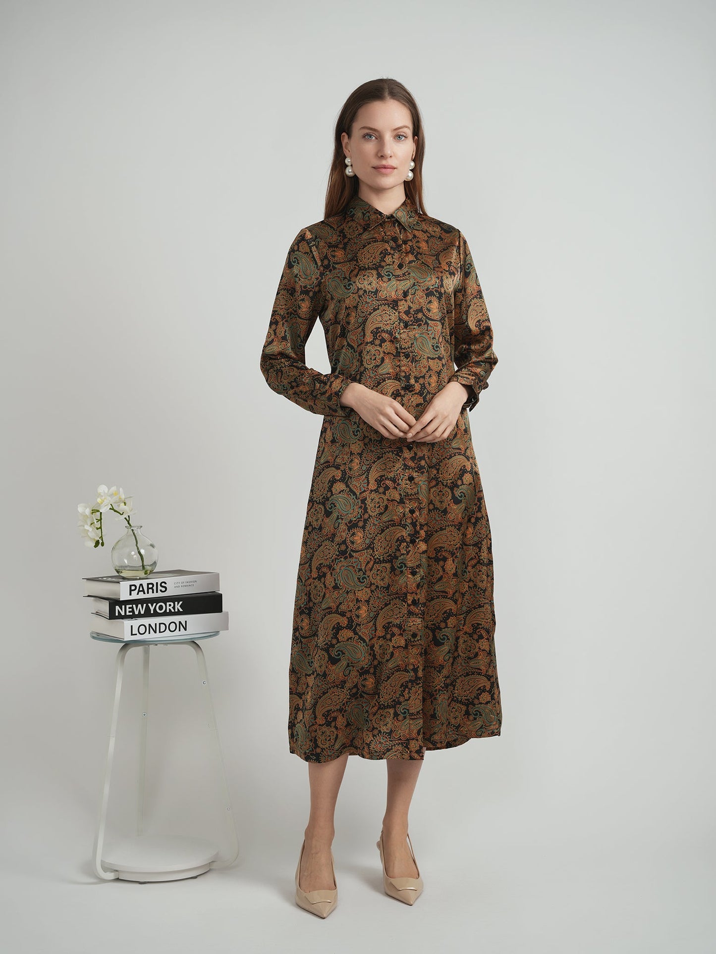 Printed Satin Midi Shirt Dress