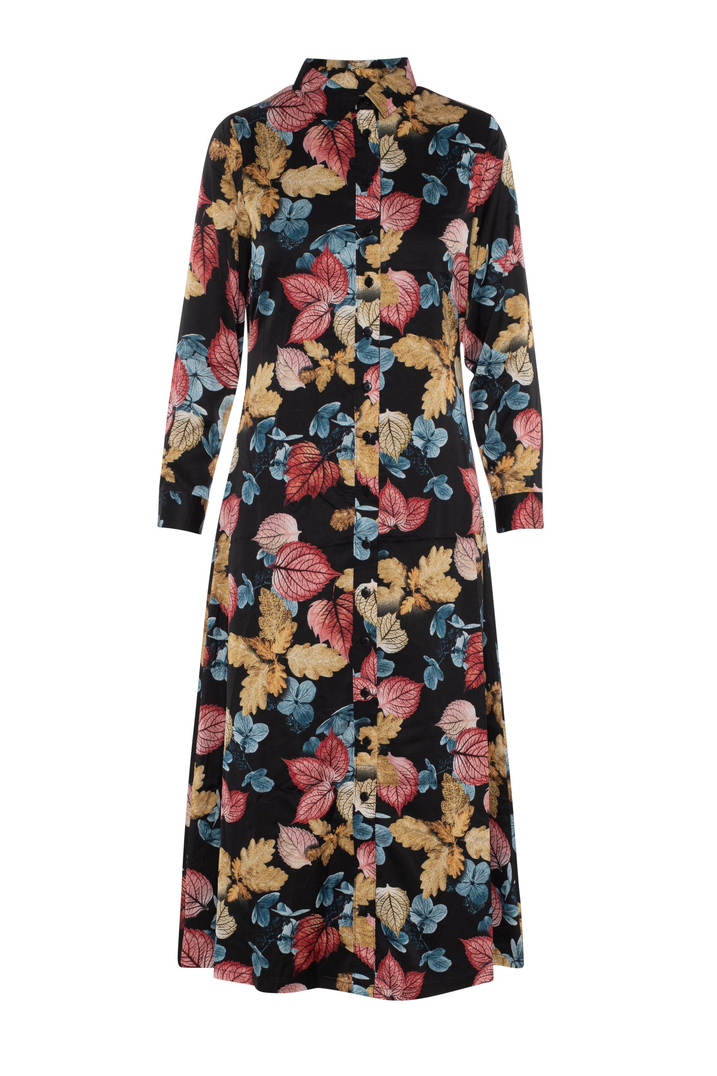 Printed Satin Midi Shirt Dress Black Leafs