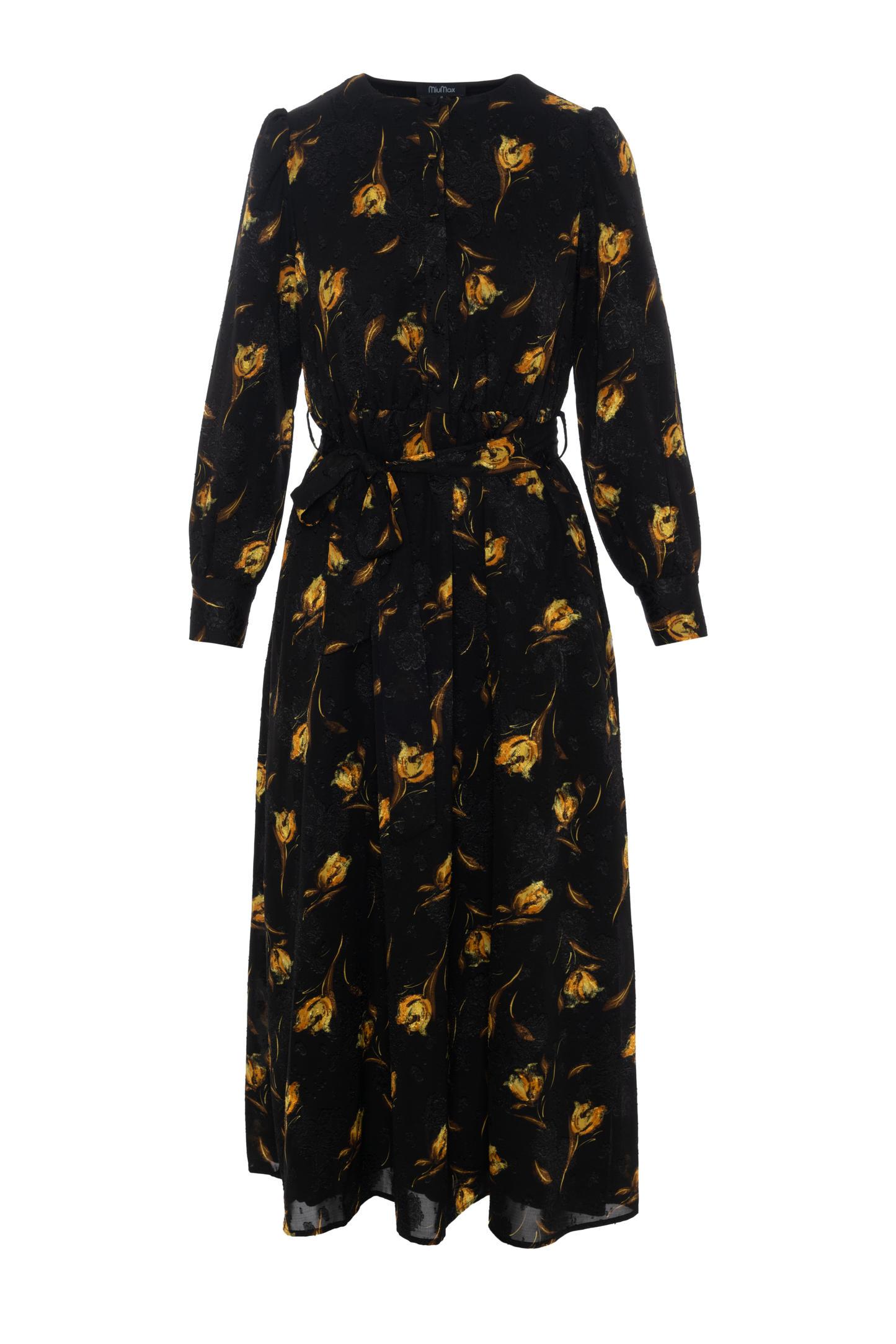 Printed Satin A line Dress Black Mustard