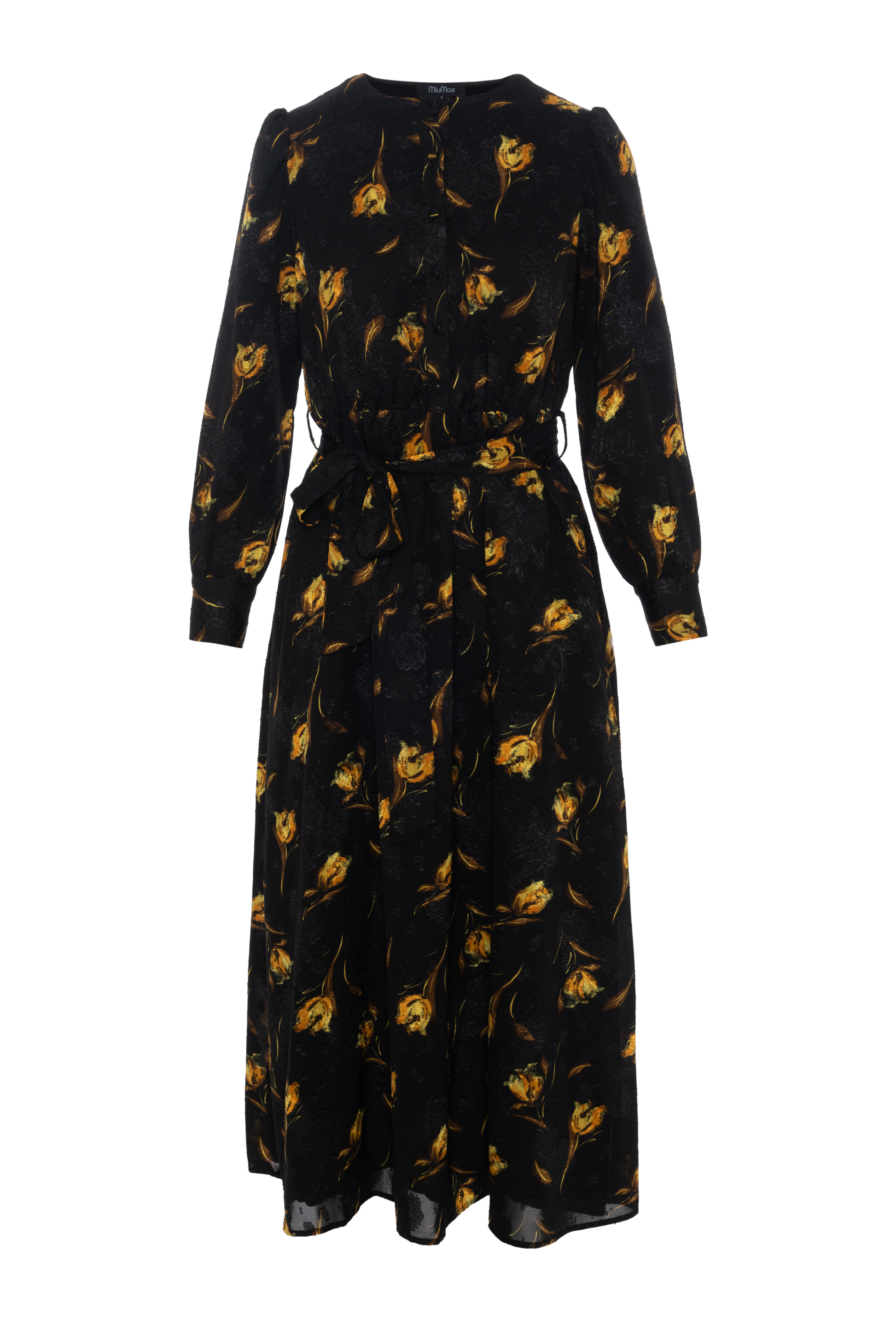 Printed Satin A line Dress Black Mustard