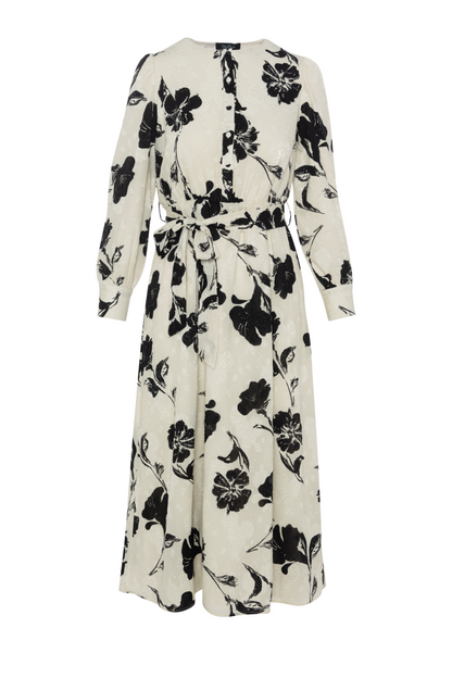 Printed Satin A line Dress Cream Black