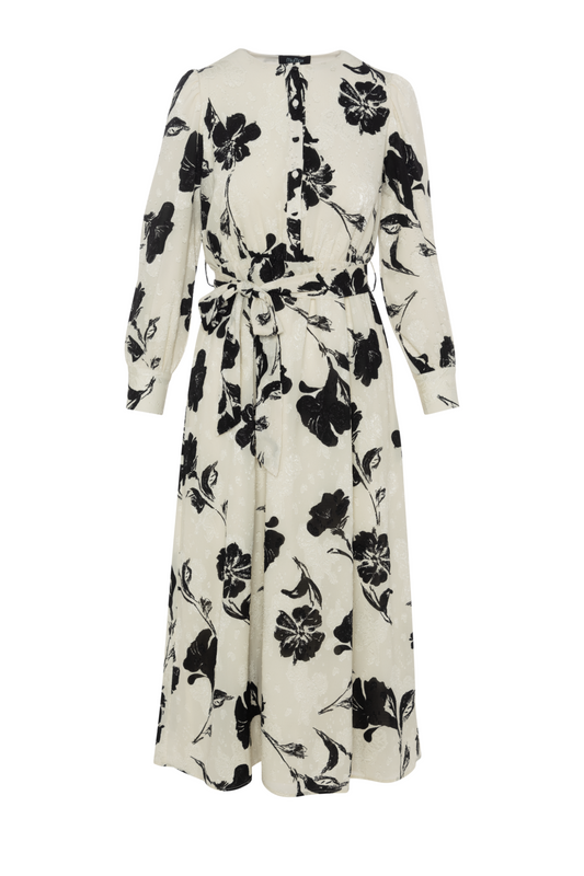 Printed Satin A line Dress Cream Black