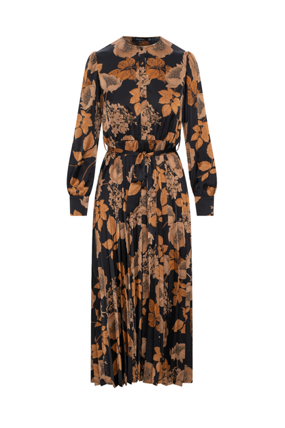 Printed Satin Accordian Pleated Dress Black Floral