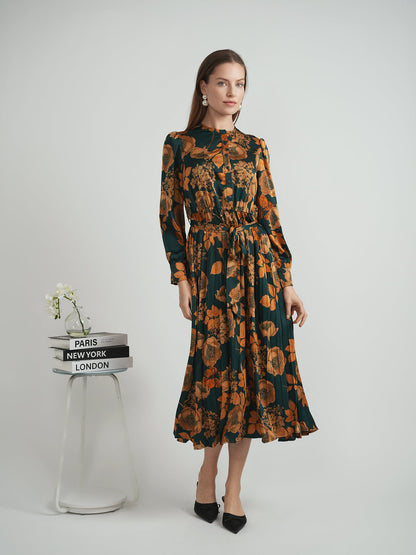 Printed Satin Accordian Pleated Dress