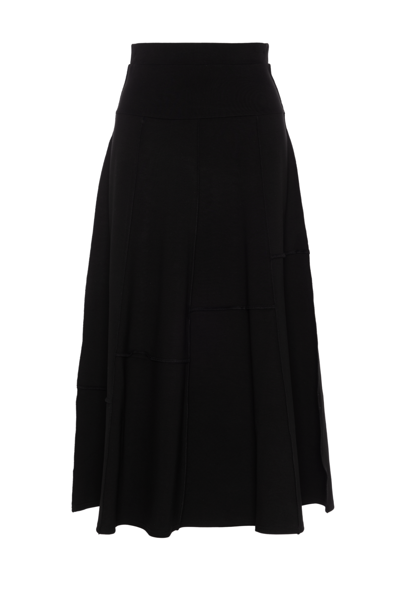 Ponte Top Stitch Paneled A Line Midi Skirt Black